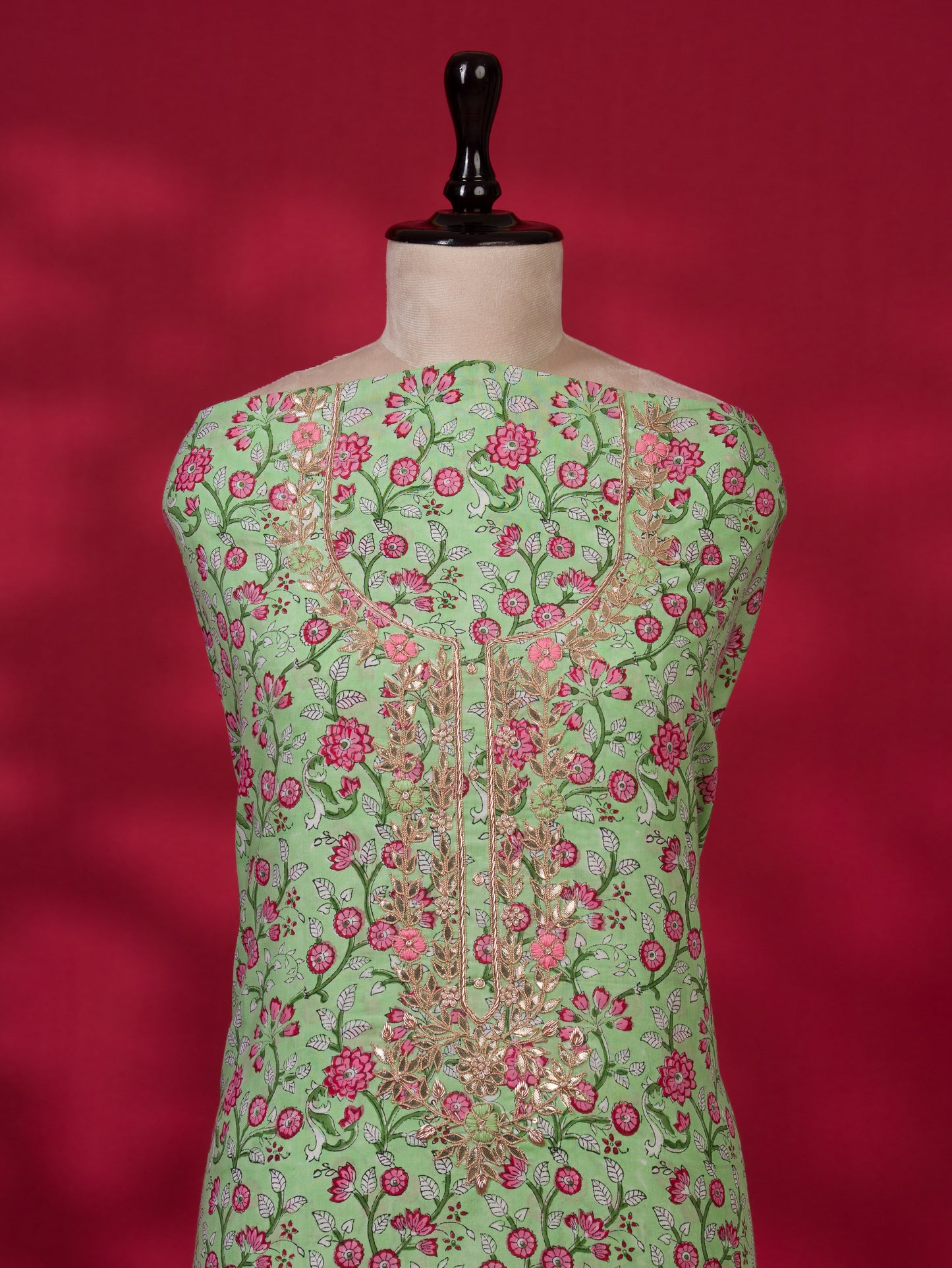 Hand Block Printed Cotton Suit with Gota Patti Hand Embroidery and Soft Malmal Dupatta