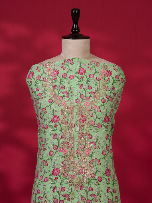 Hand Block Printed Cotton Suit with Gota Patti Hand Embroidery and Soft Malmal Dupatta