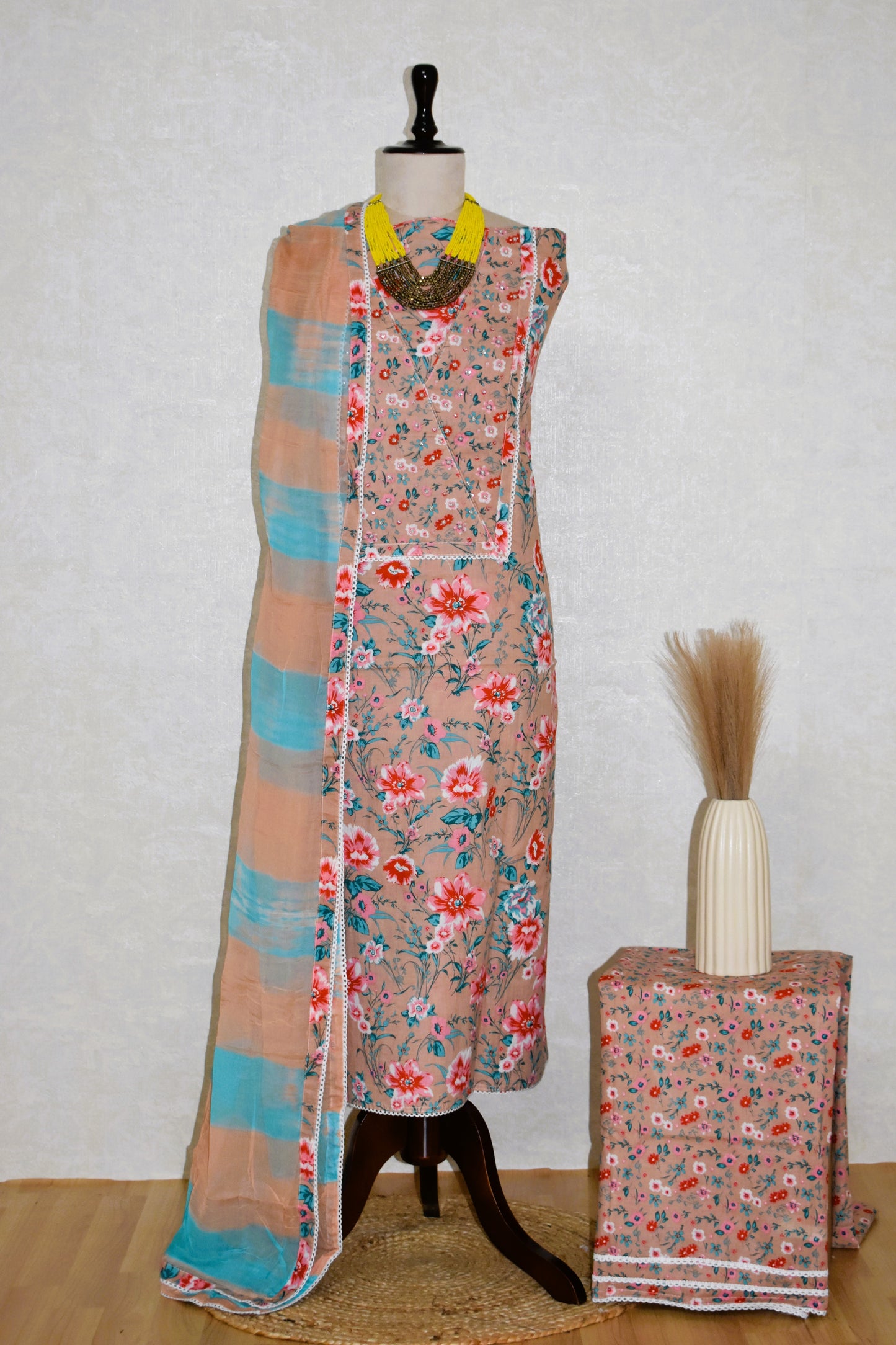 Hand Block Printed Cotton Suit with Hand Embroidery and Pure Chiffon Dupatta