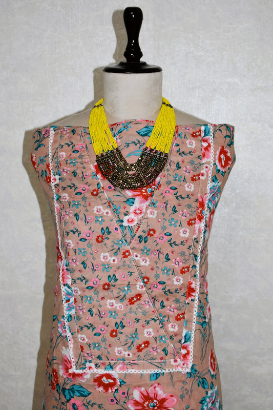 Hand Block Printed Cotton Suit with Hand Embroidery and Pure Chiffon Dupatta