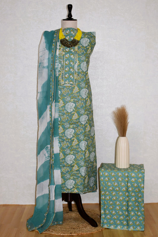 Hand Block Printed Cotton Suit with Hand Embroidery and Pure Chiffon Dupatta