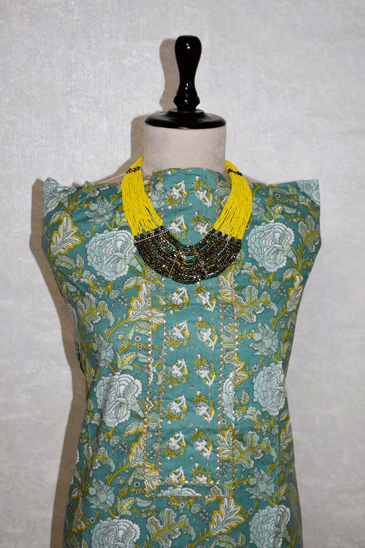 Hand Block Printed Cotton Suit with Hand Embroidery and Pure Chiffon Dupatta