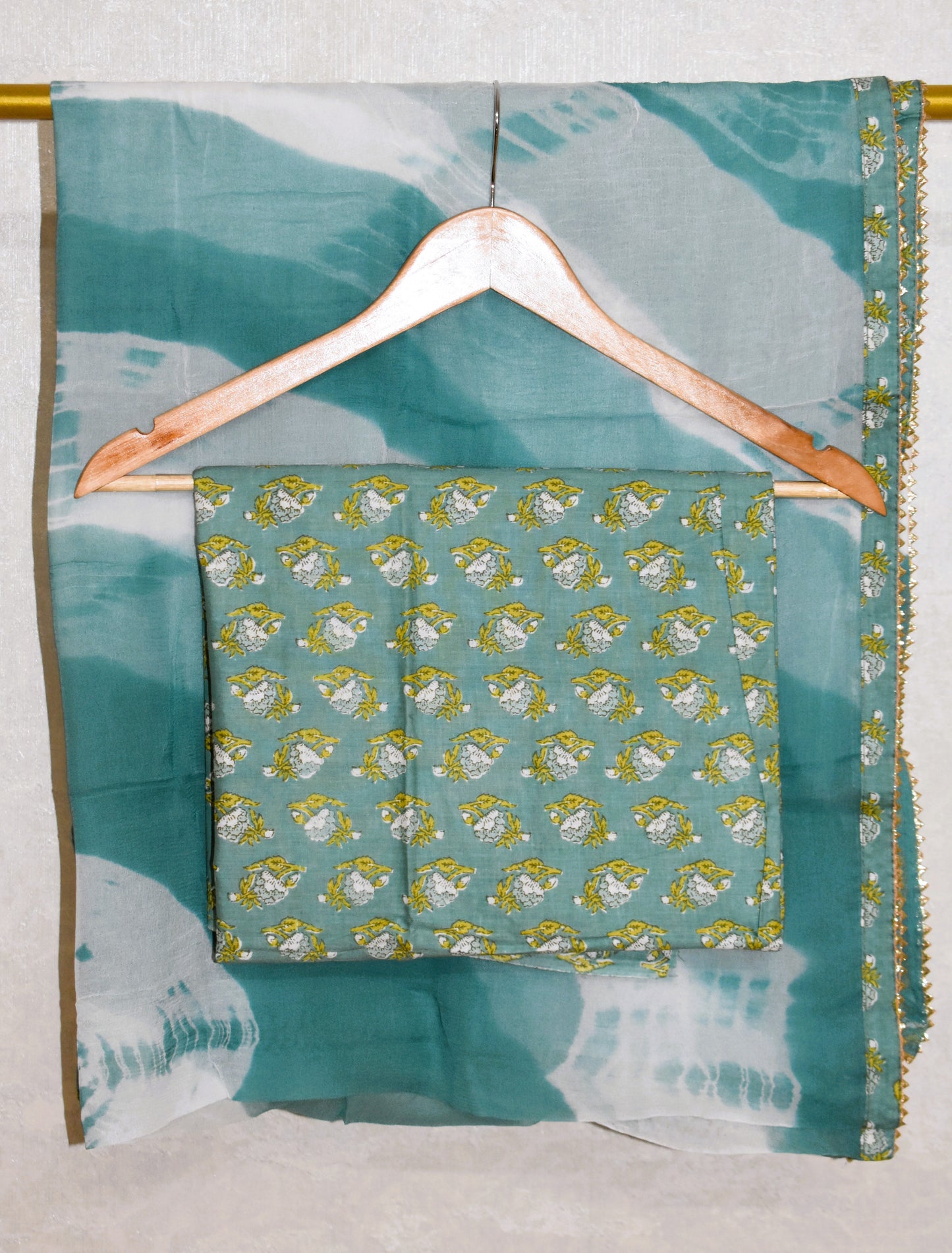 Hand Block Printed Cotton Suit with Hand Embroidery and Pure Chiffon Dupatta