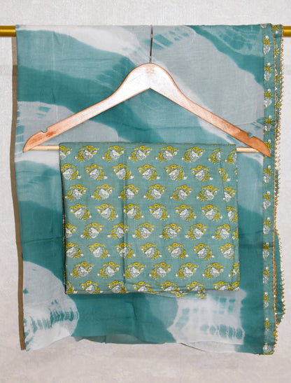 Hand Block Printed Cotton Suit with Hand Embroidery and Pure Chiffon Dupatta