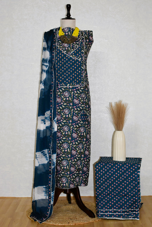 Hand Block Printed Cotton Suit with Hand Embroidery and Pure Chiffon Dupatta