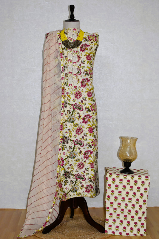 Hand Block Printed Cotton Suit with Hand Embroidery and Pure Chiffon Dupatta