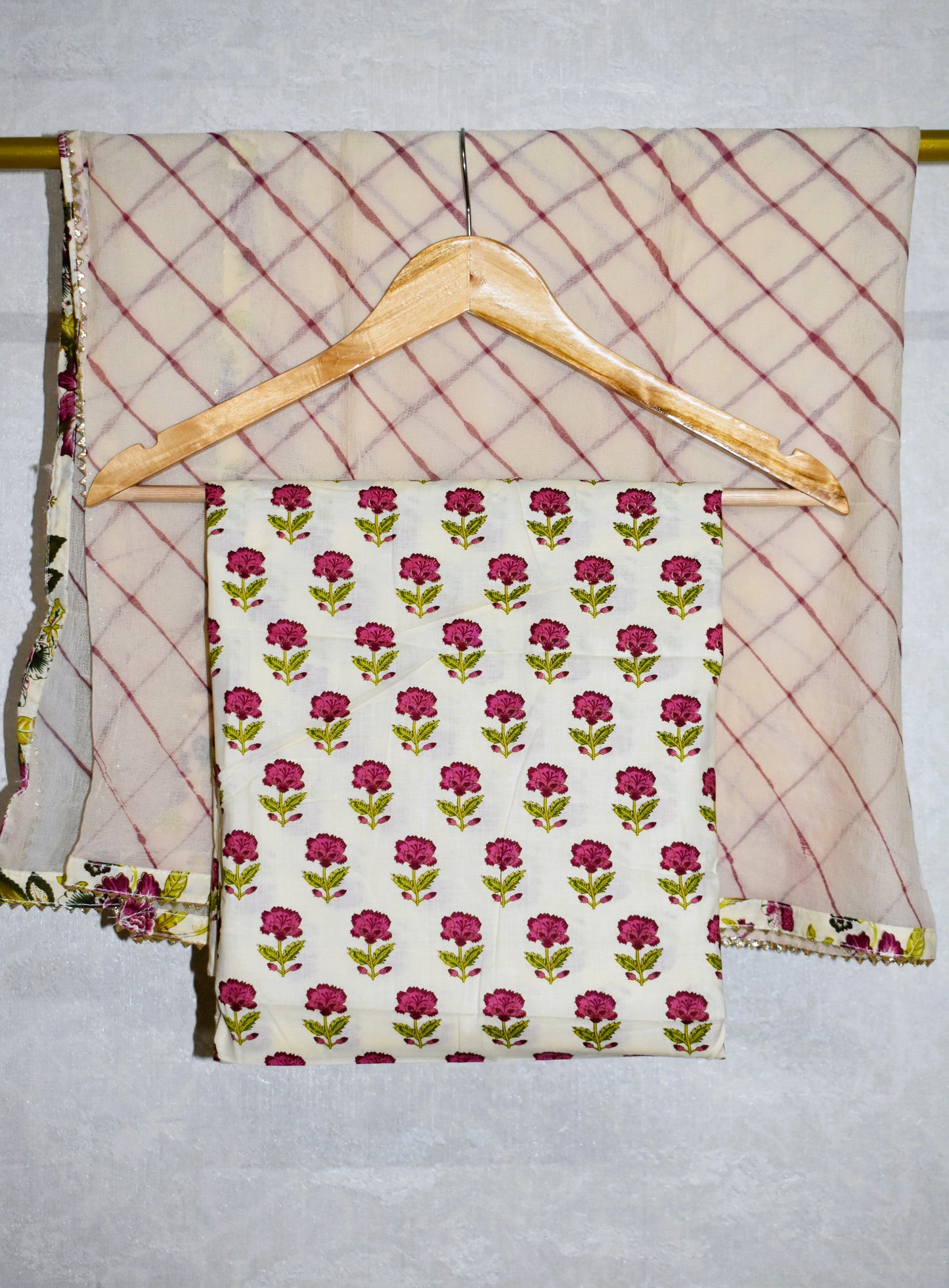 Hand Block Printed Cotton Suit with Hand Embroidery and Pure Chiffon Dupatta