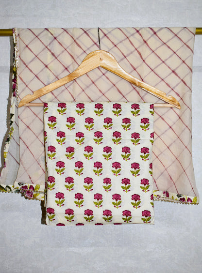 Hand Block Printed Cotton Suit with Hand Embroidery and Pure Chiffon Dupatta