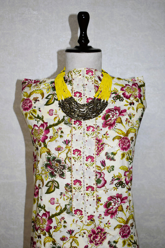 Hand Block Printed Cotton Suit with Hand Embroidery and Pure Chiffon Dupatta