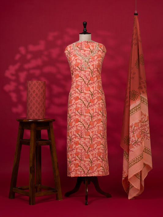 Hand Block Printed Cotton Suit with Hand Embroidery and Soft Malmal Dupatta
