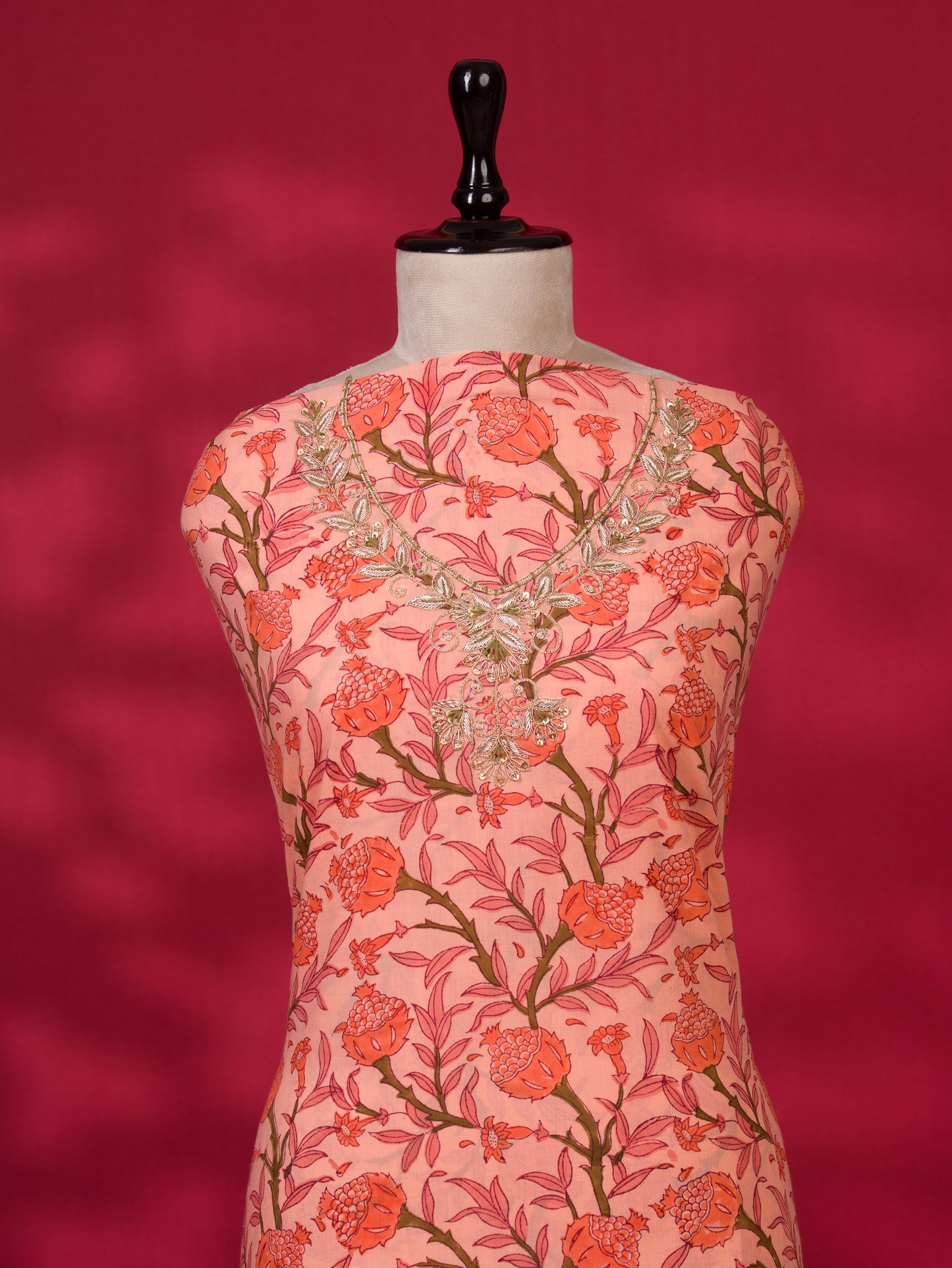 Hand Block Printed Cotton Suit with Hand Embroidery and Soft Malmal Dupatta