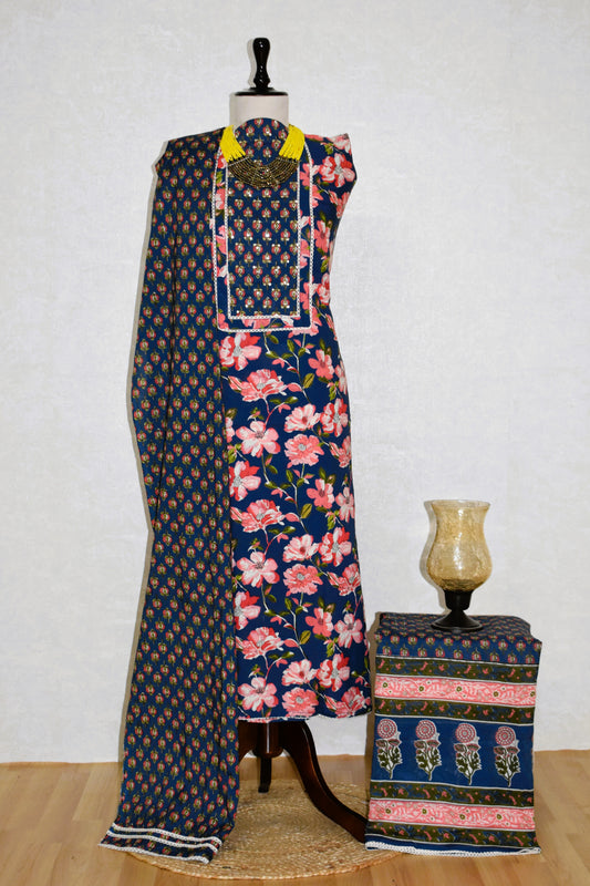 Hand Block Printed Cotton Suit with Hand Embroidery and Soft Malmal Dupatta
