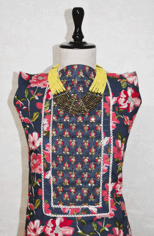 Hand Block Printed Cotton Suit with Hand Embroidery and Soft Malmal Dupatta