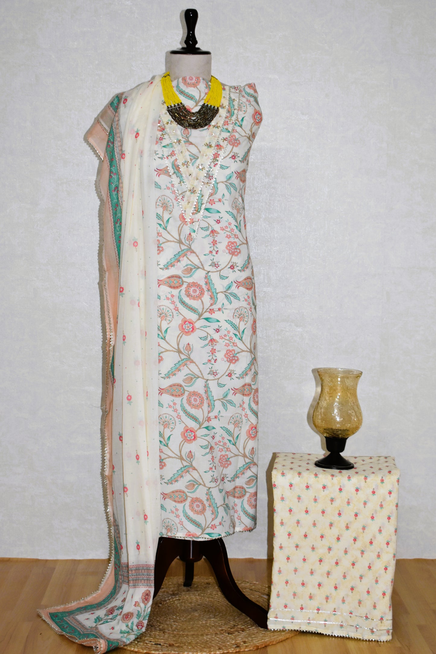 Hand Block Printed Cotton Suit with Hand Embroidery and Soft Malmal Dupatta