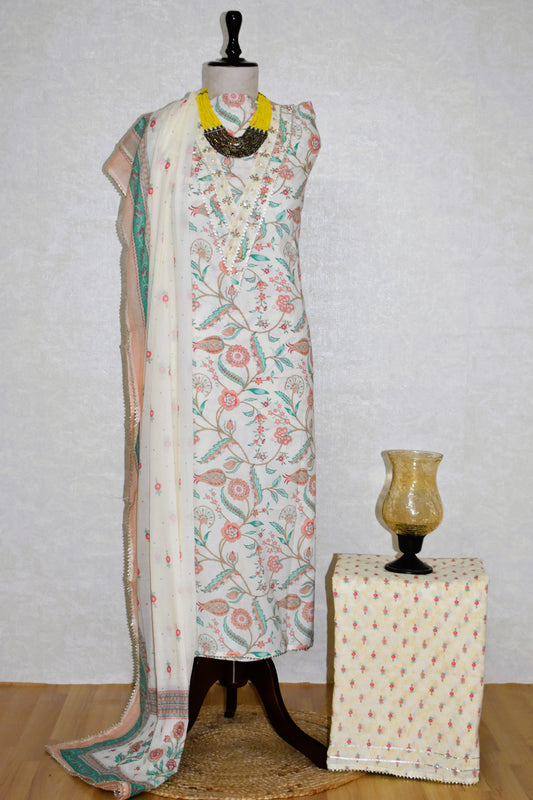 Hand Block Printed Cotton Suit with Hand Embroidery and Soft Malmal Dupatta