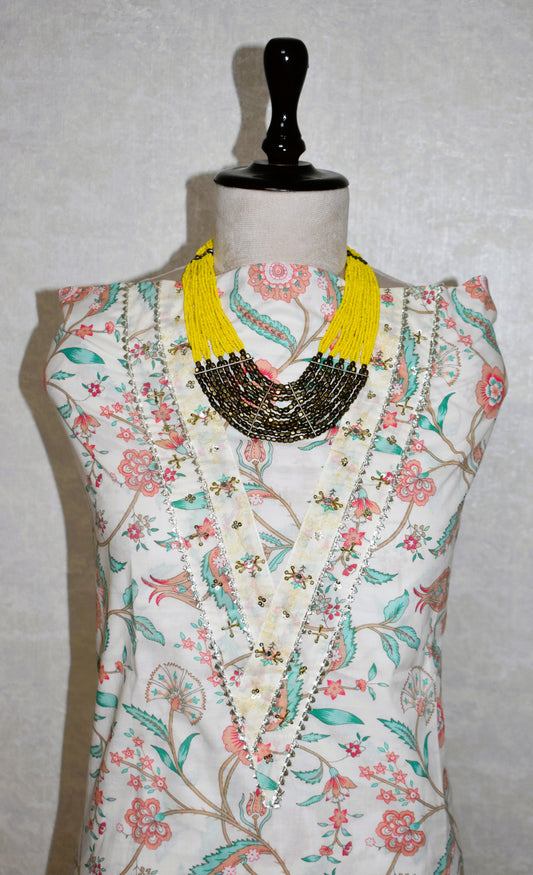 Hand Block Printed Cotton Suit with Hand Embroidery and Soft Malmal Dupatta