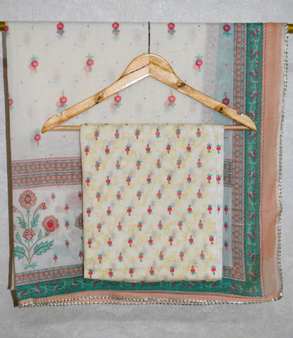 Hand Block Printed Cotton Suit with Hand Embroidery and Soft Malmal Dupatta