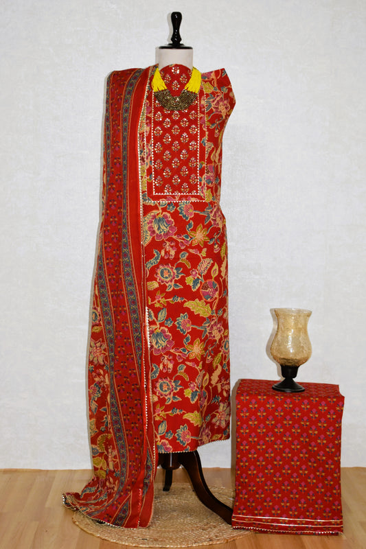 Hand Block Printed Cotton Suit with Hand Embroidery and Soft Malmal Dupatta