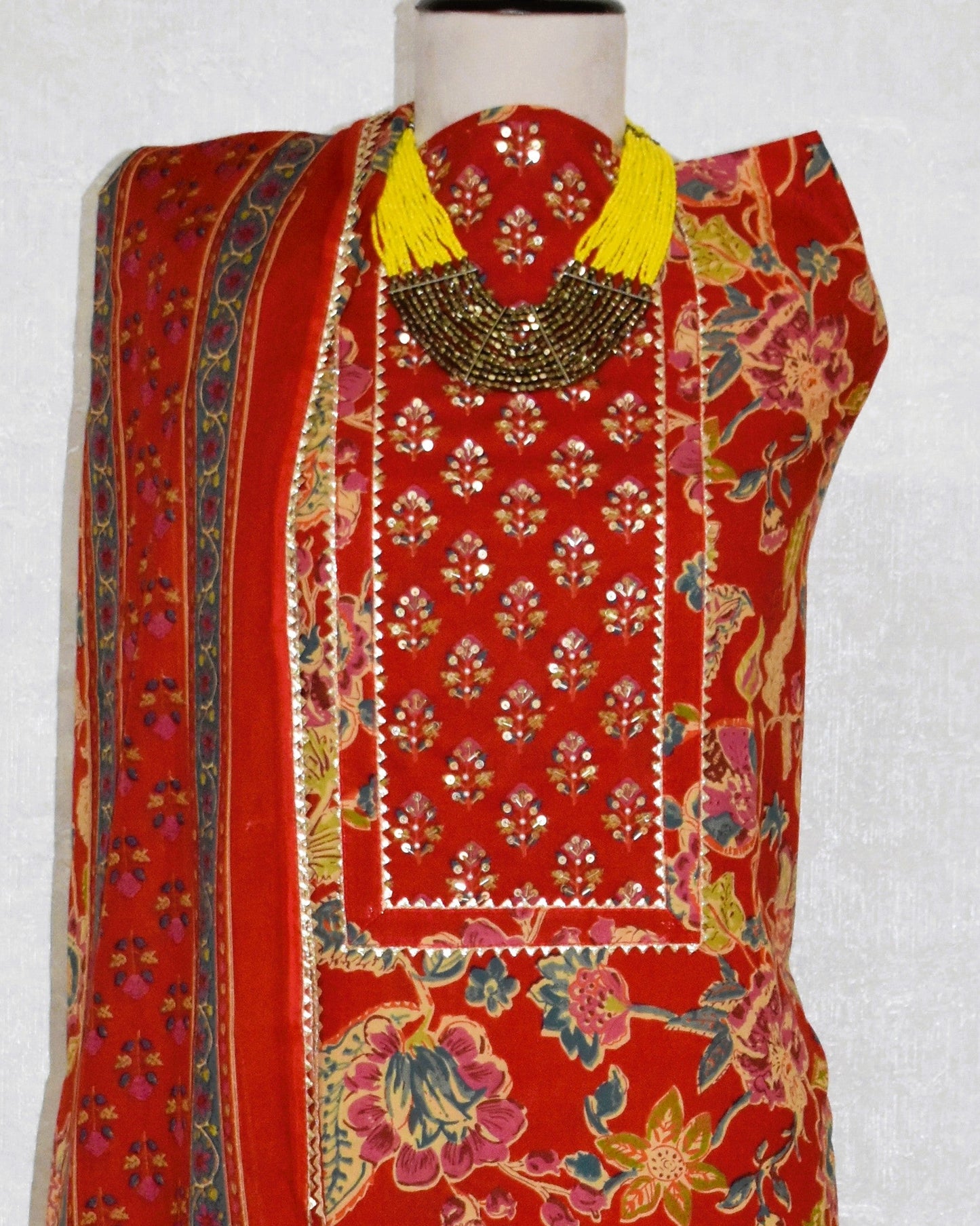 Hand Block Printed Cotton Suit with Hand Embroidery and Soft Malmal Dupatta