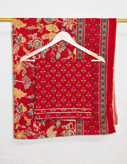 Hand Block Printed Cotton Suit with Hand Embroidery and Soft Malmal Dupatta