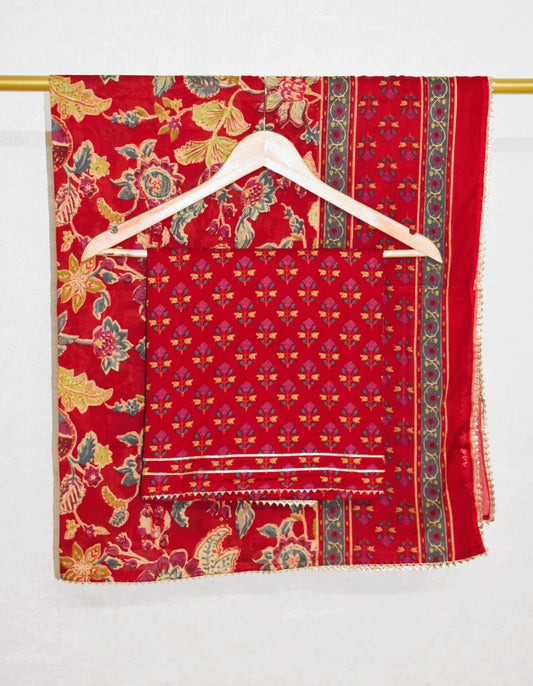 Hand Block Printed Cotton Suit with Hand Embroidery and Soft Malmal Dupatta