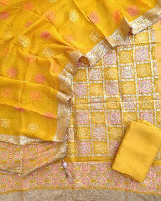 Yellow Banarasi Dola Silk Suit Set with Dola Silk Dupatta