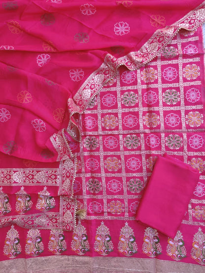 Fuchia Banarasi Dola Silk Suit Set with Dola Silk Dupatta