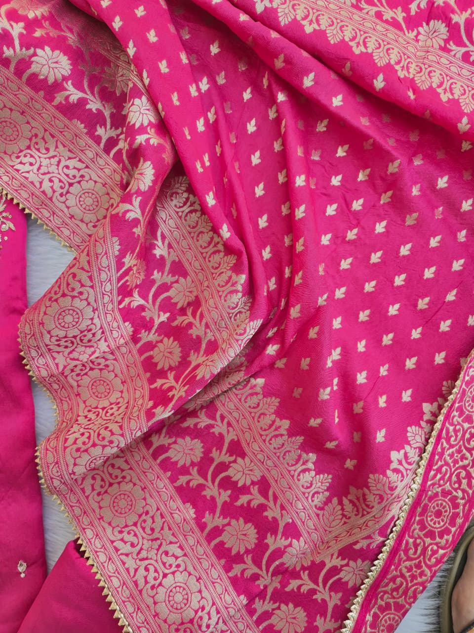 Fuchia Gaji Silk Gota Patti Suit Set with Dola Silk Dupatta