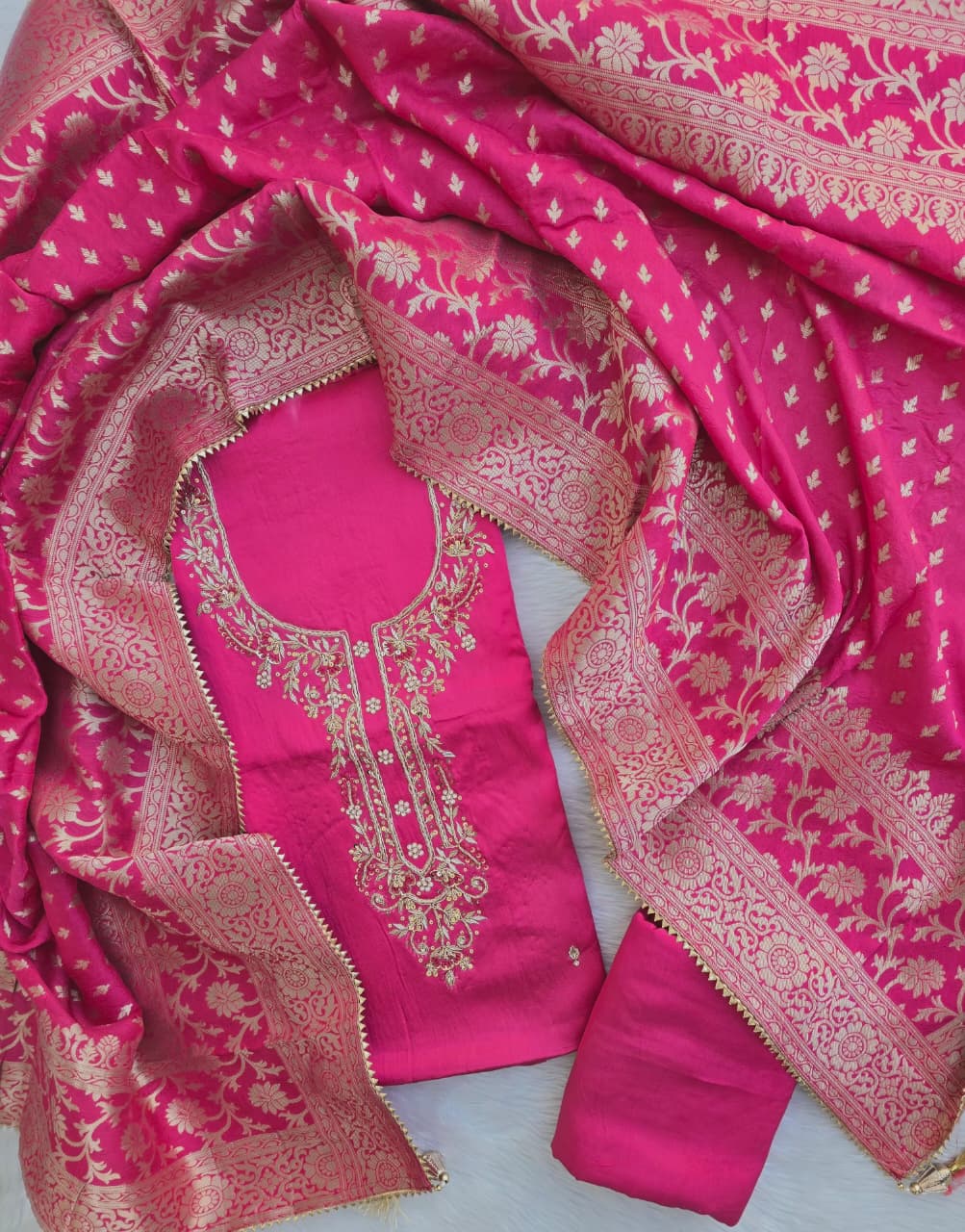 Fuchia Gaji Silk Gota Patti Suit Set with Dola Silk Dupatta