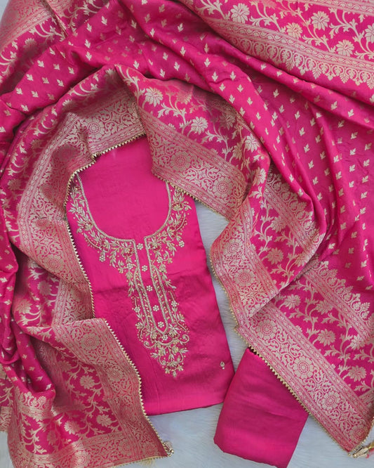 Fuchia Silk Gota Patti Suit Set with Banarsi Silk Dupatta