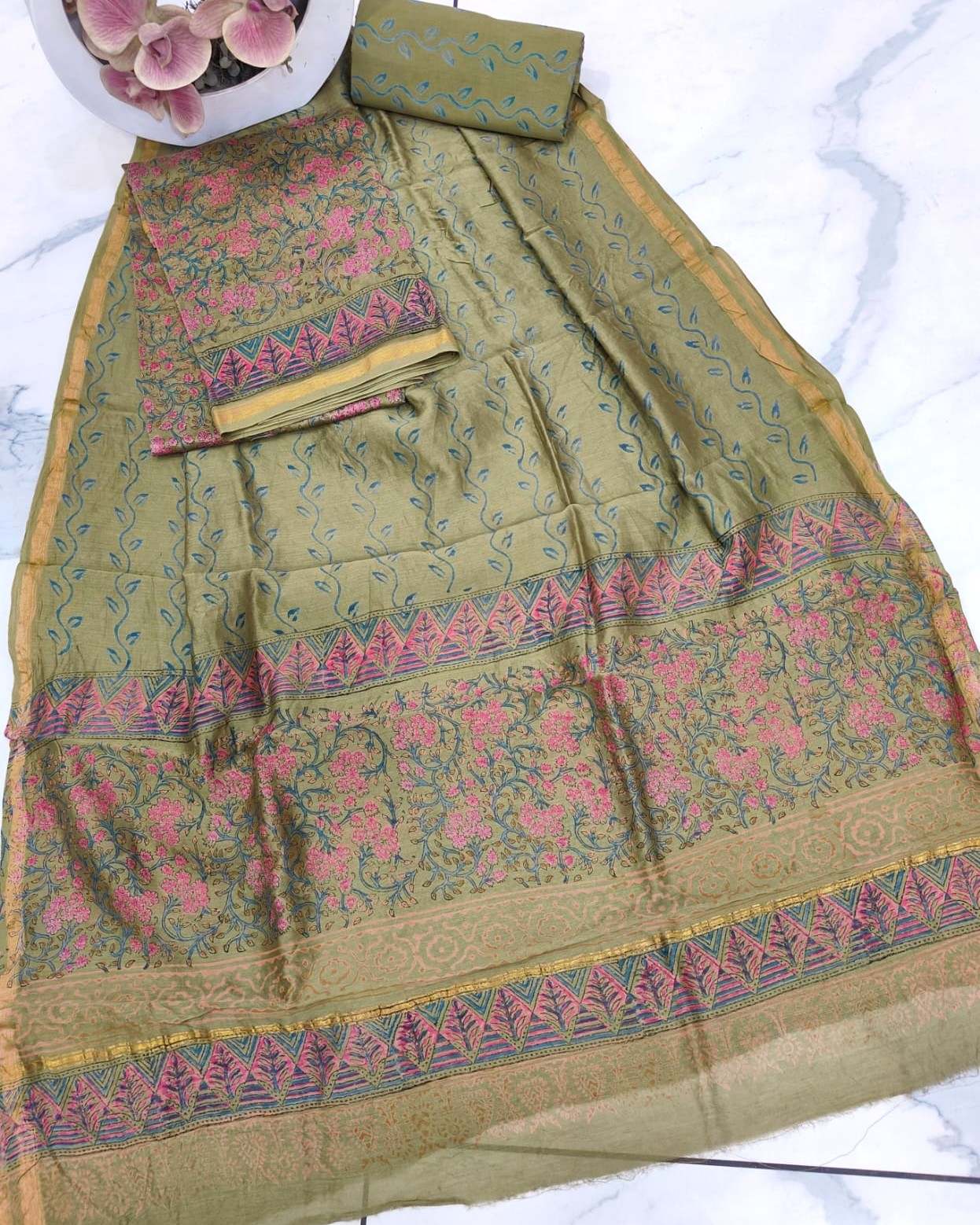 Olive Green Chanderi Silk Suit with Bagru Floral Jaal Print