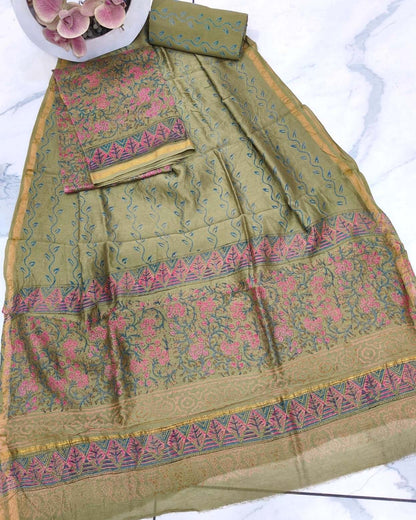 Olive Green Chanderi Silk Suit with Bagru Floral Jaal Print