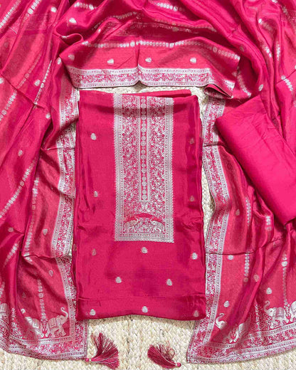Premium Festive Woven Silk Jacquard Unstitched Suit Set - Red