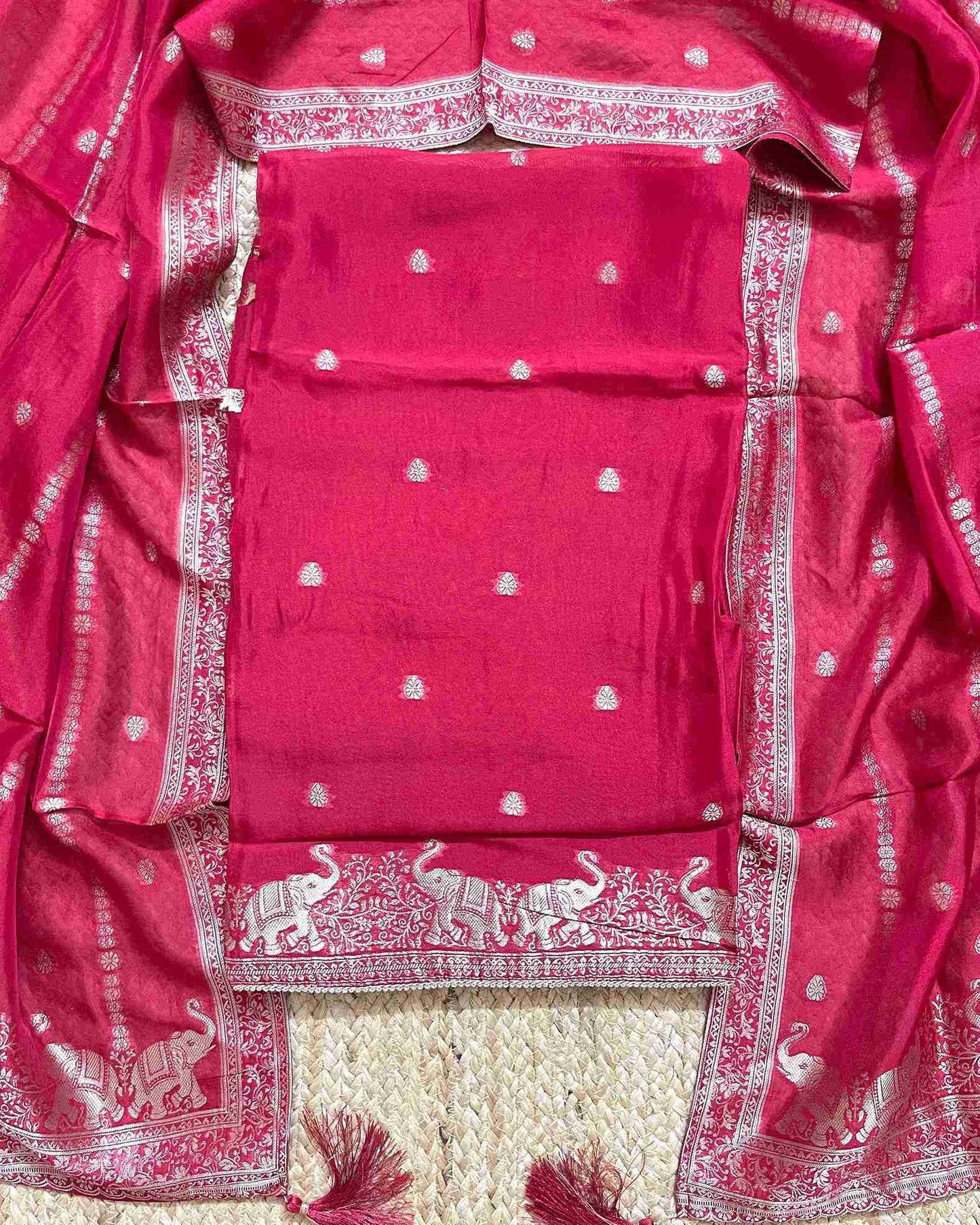 Premium Festive Woven Silk Jacquard Unstitched Suit Set - Red