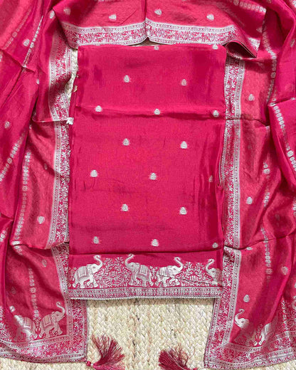 Premium Festive Woven Silk Jacquard Unstitched Suit Set - Red