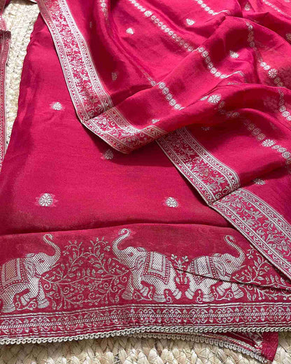 Premium Festive Woven Silk Jacquard Unstitched Suit Set - Red