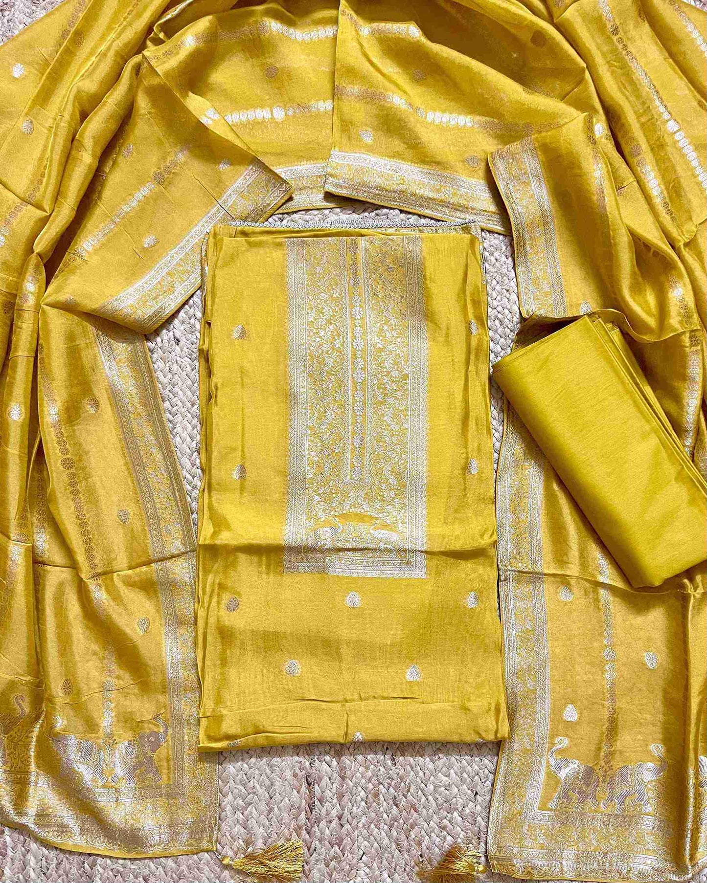 Premium Festive Woven Silk Jacquard Unstitched Suit Set - Golden Mustard