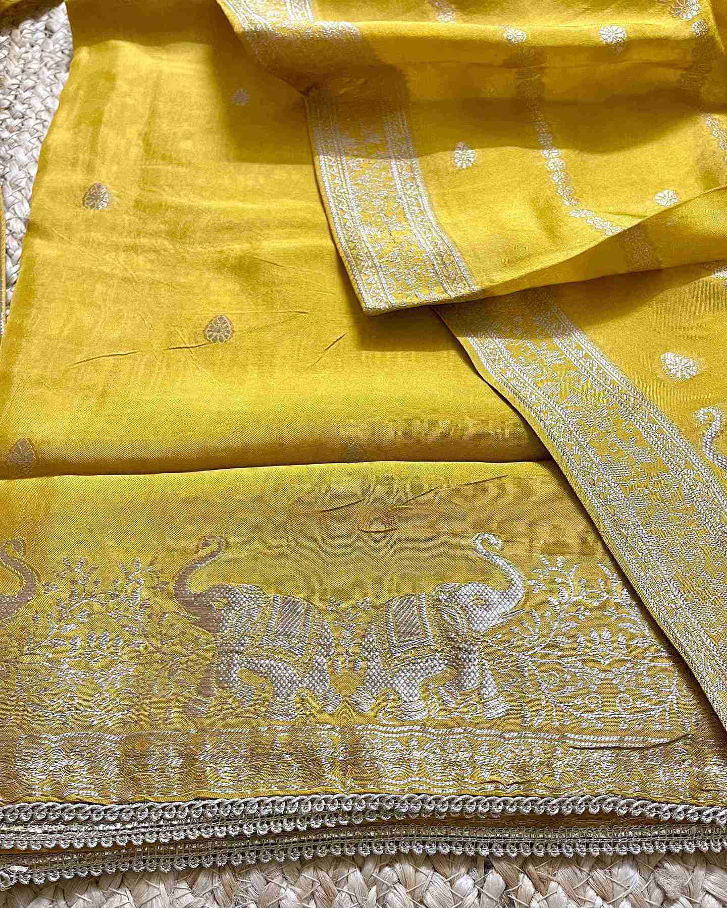 Premium Festive Woven Silk Jacquard Unstitched Suit Set - Golden Mustard