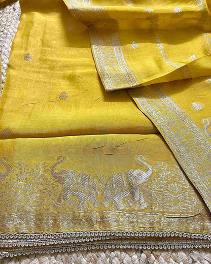 Premium Festive Woven Silk Jacquard Unstitched Suit Set - Golden Mustard