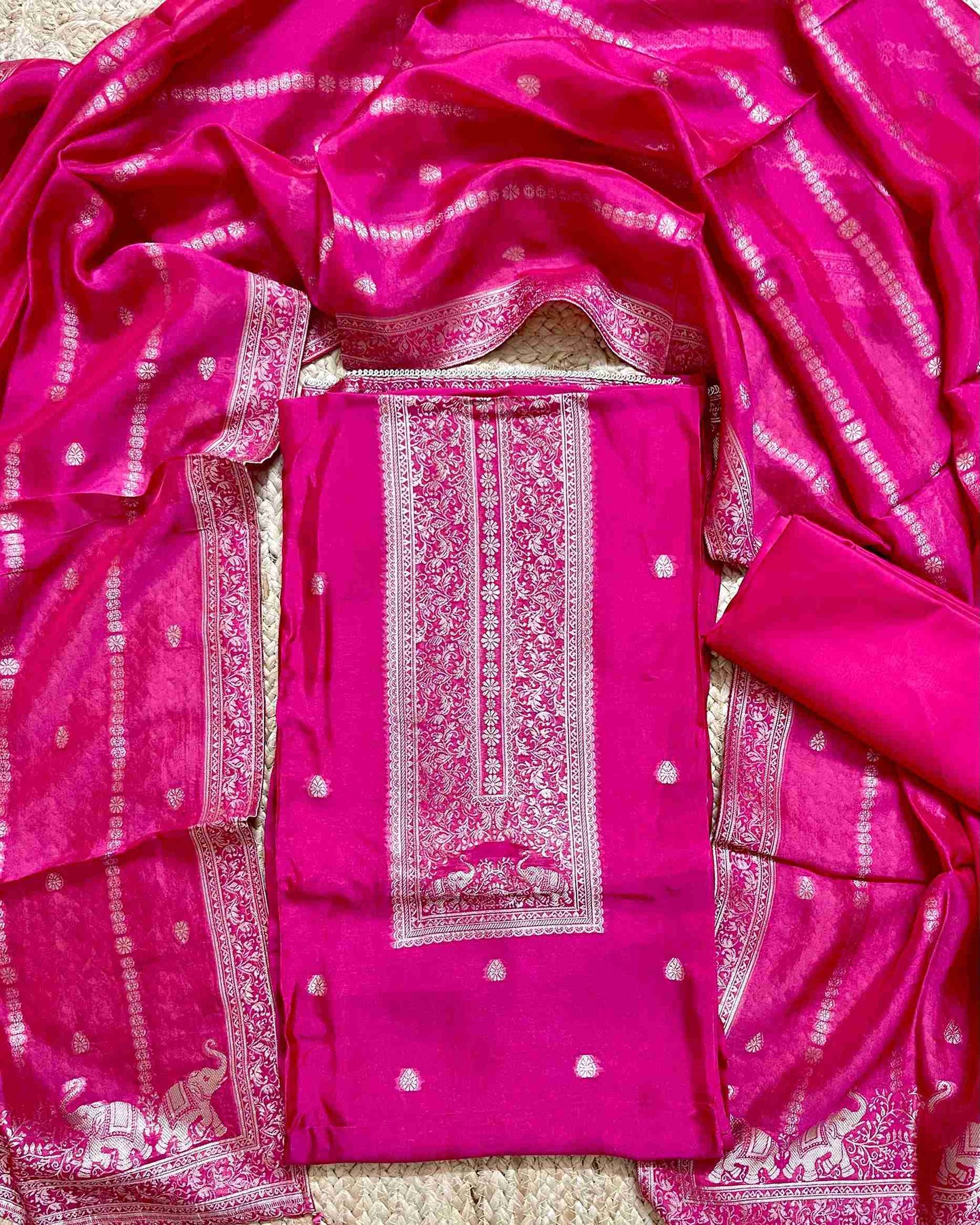 Premium Festive Woven Silk Jacquard Unstitched Suit Set - Fushia