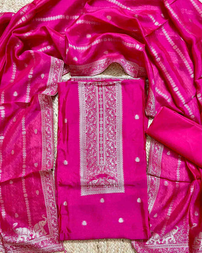 Premium Festive Woven Silk Jacquard Unstitched Suit Set - Fushia