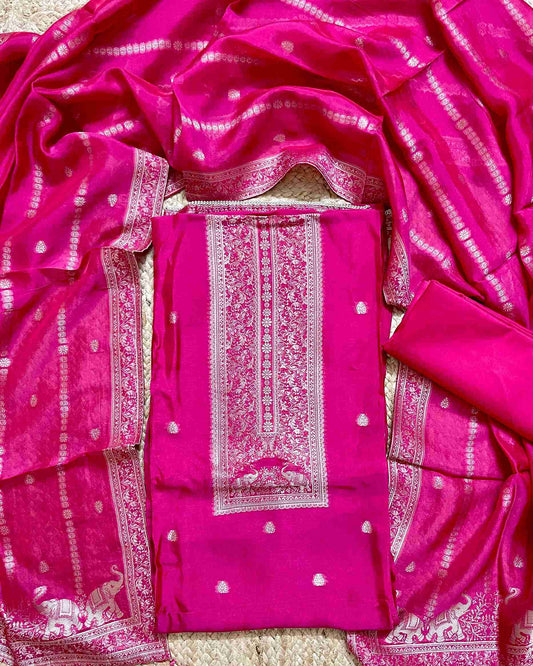 Premium Festive Woven Silk Jacquard Unstitched Suit Set - Fushia