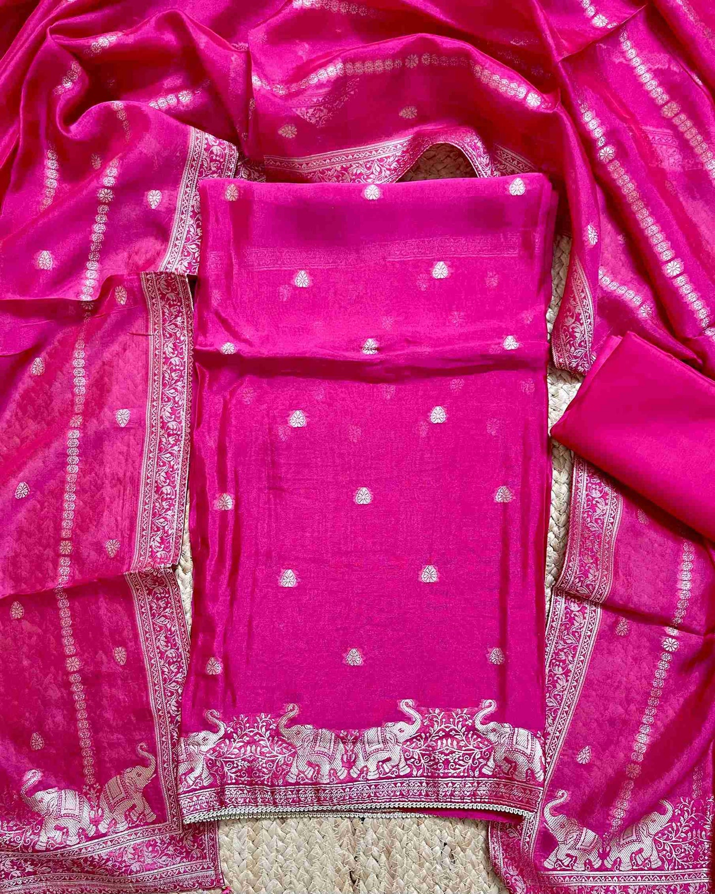 Premium Festive Woven Silk Jacquard Unstitched Suit Set - Fushia