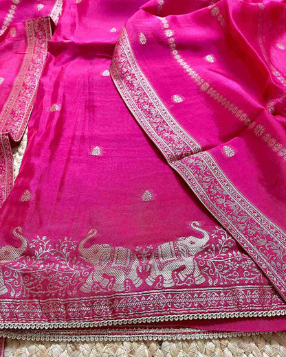 Premium Festive Woven Silk Jacquard Unstitched Suit Set - Fushia
