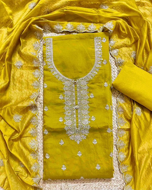 Premium Festive Embroidered Silk Unstitched Suit Set - Golden Yellow