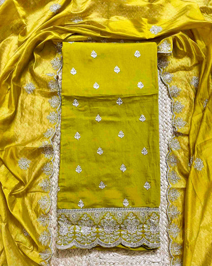Premium Festive Embroidered Silk Unstitched Suit Set - Golden Yellow