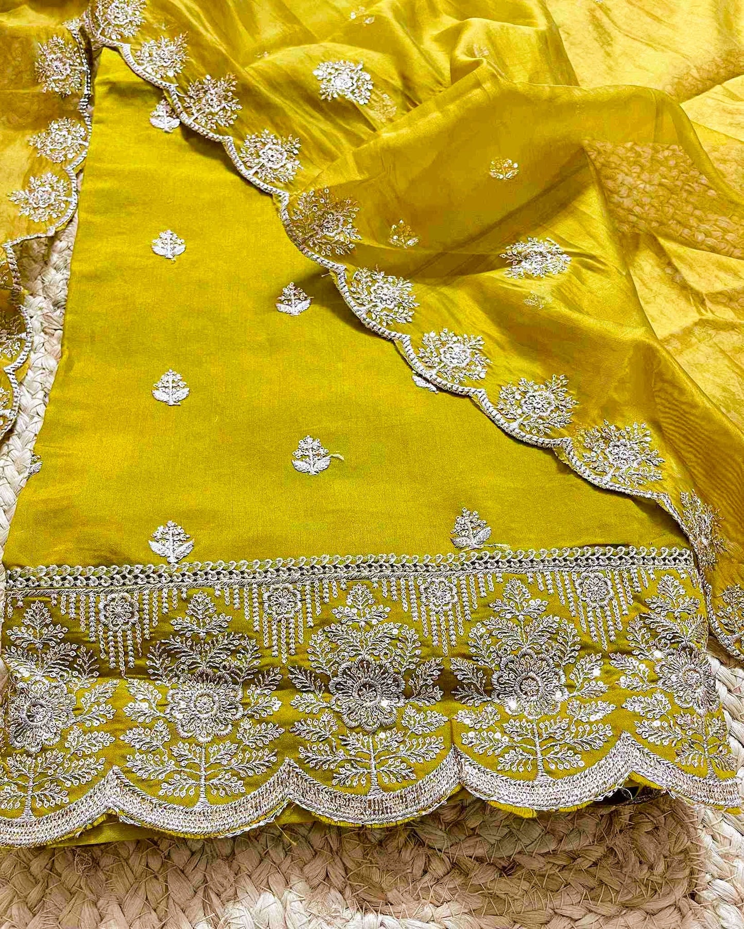 Premium Festive Embroidered Silk Unstitched Suit Set - Golden Yellow