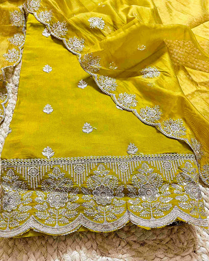 Premium Festive Embroidered Silk Unstitched Suit Set - Golden Yellow