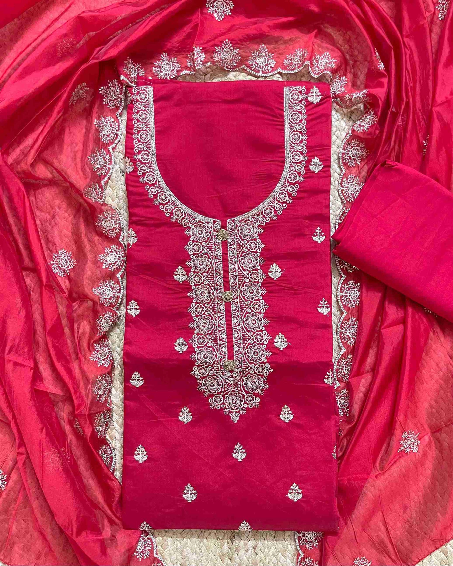 Premium Festive Embroidered Silk Unstitched Suit Set - Red