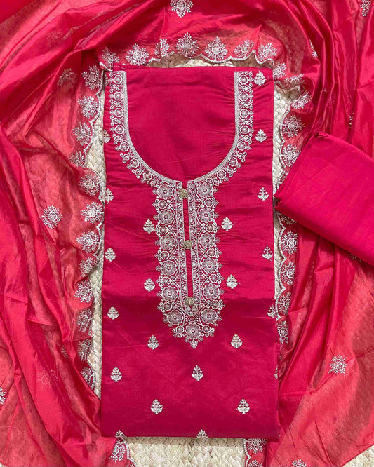 Premium Festive Embroidered Silk Unstitched Suit Set - Red